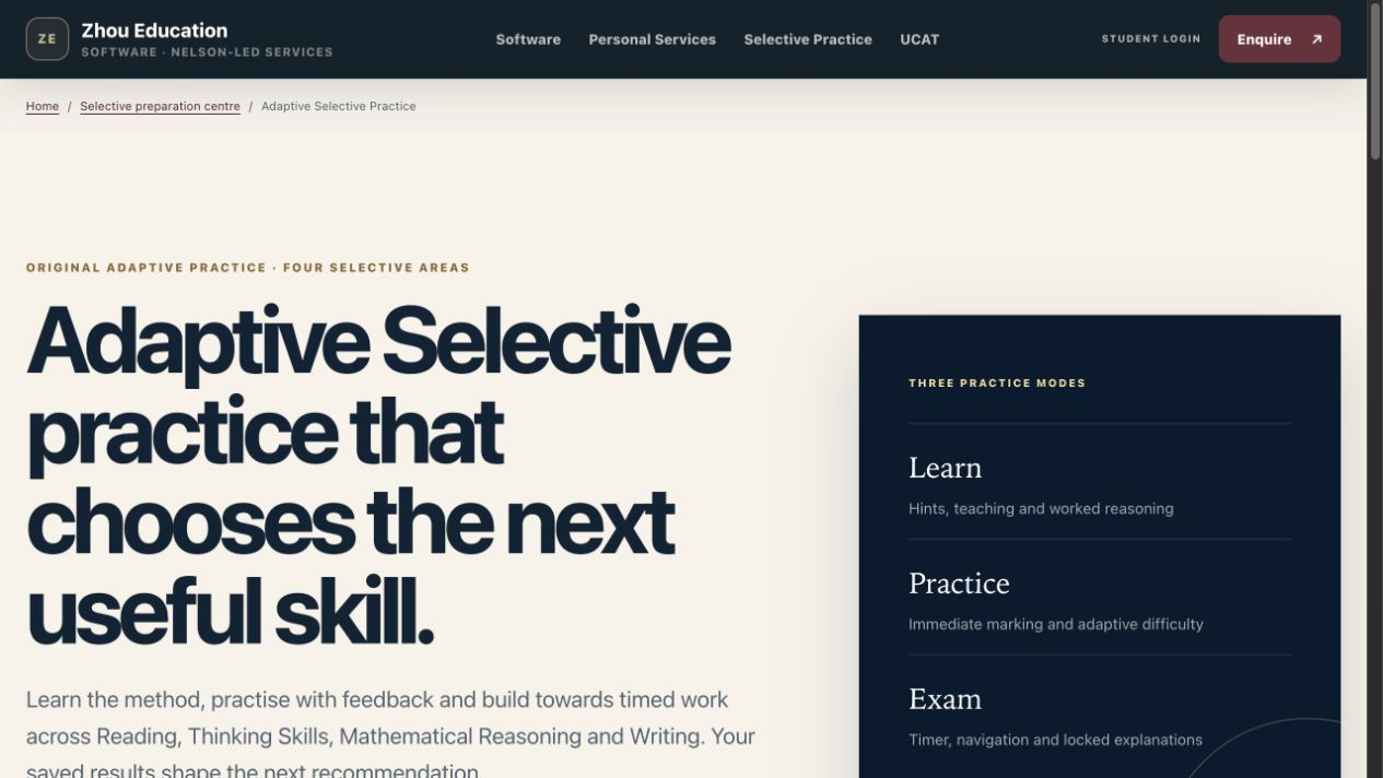 Current Selective Free Starter interface showing adaptive Learn, Practice and Exam modes across four test areas.