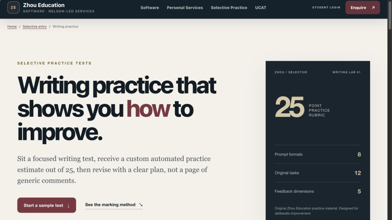 Current Selective Free Starter Writing Coach interface showing a timed prompt, writing workspace and feedback journey.