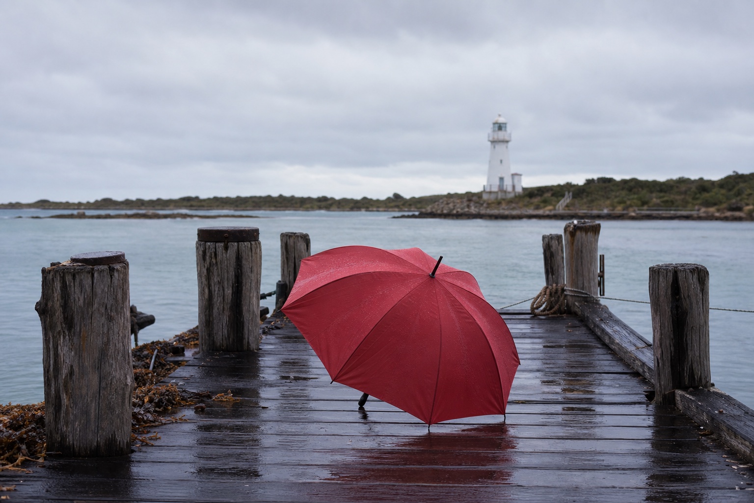 An open red umbrella left on a rain-soaked timber jetty, with a lighthouse across the harbour